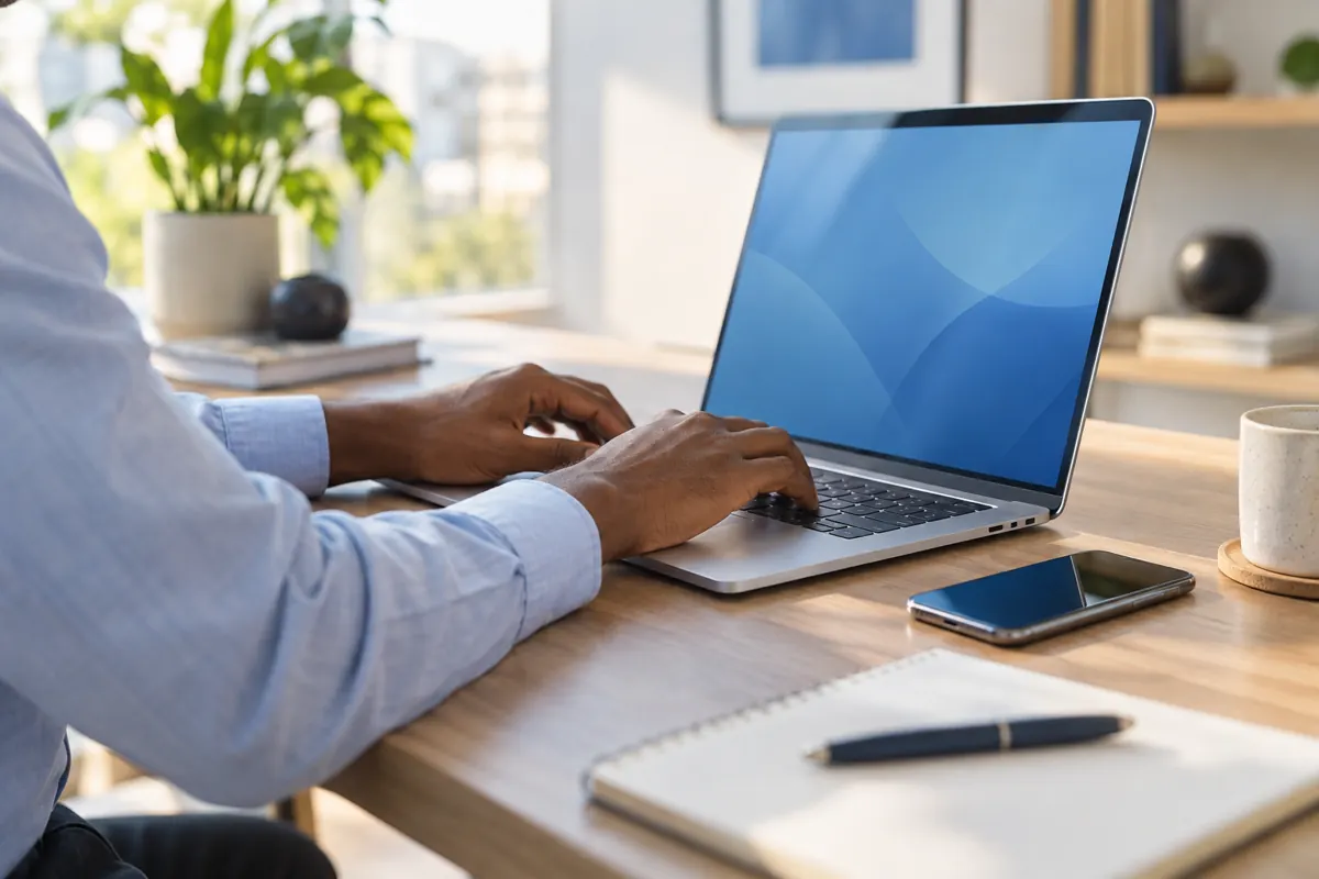 Illustrative modern IT workspace with a laptop and mobile device