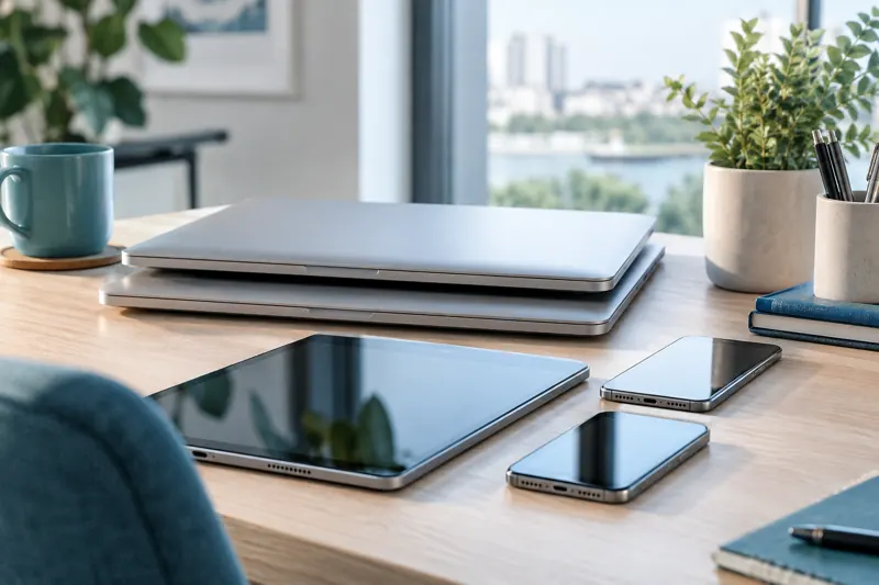 Illustrative fleet of laptops, tablets and phones ready for management