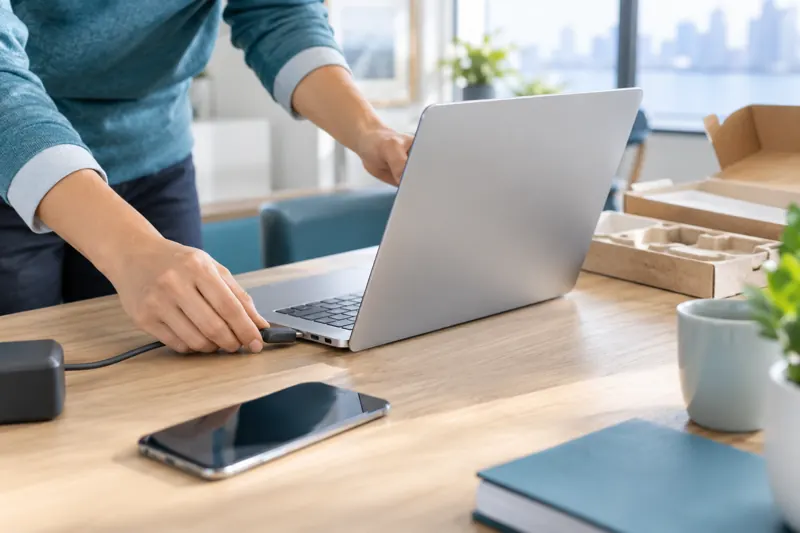 Illustrative laptop unboxing and employee device setup