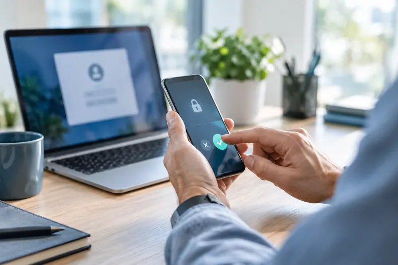 Illustrative phone verification alongside a work laptop